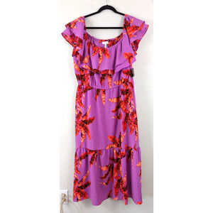 New Sofia Jeans by Sofia Vergara sz XXL Ruffle Maxi Dress purple leaf print 1915